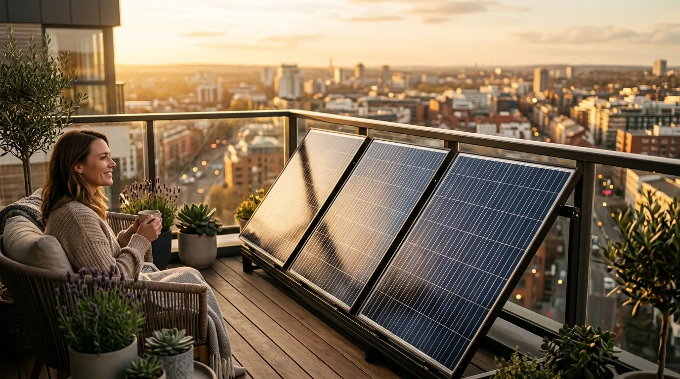 Drei Solarmodule nebeneinander auf einem Balkon in der Sonne