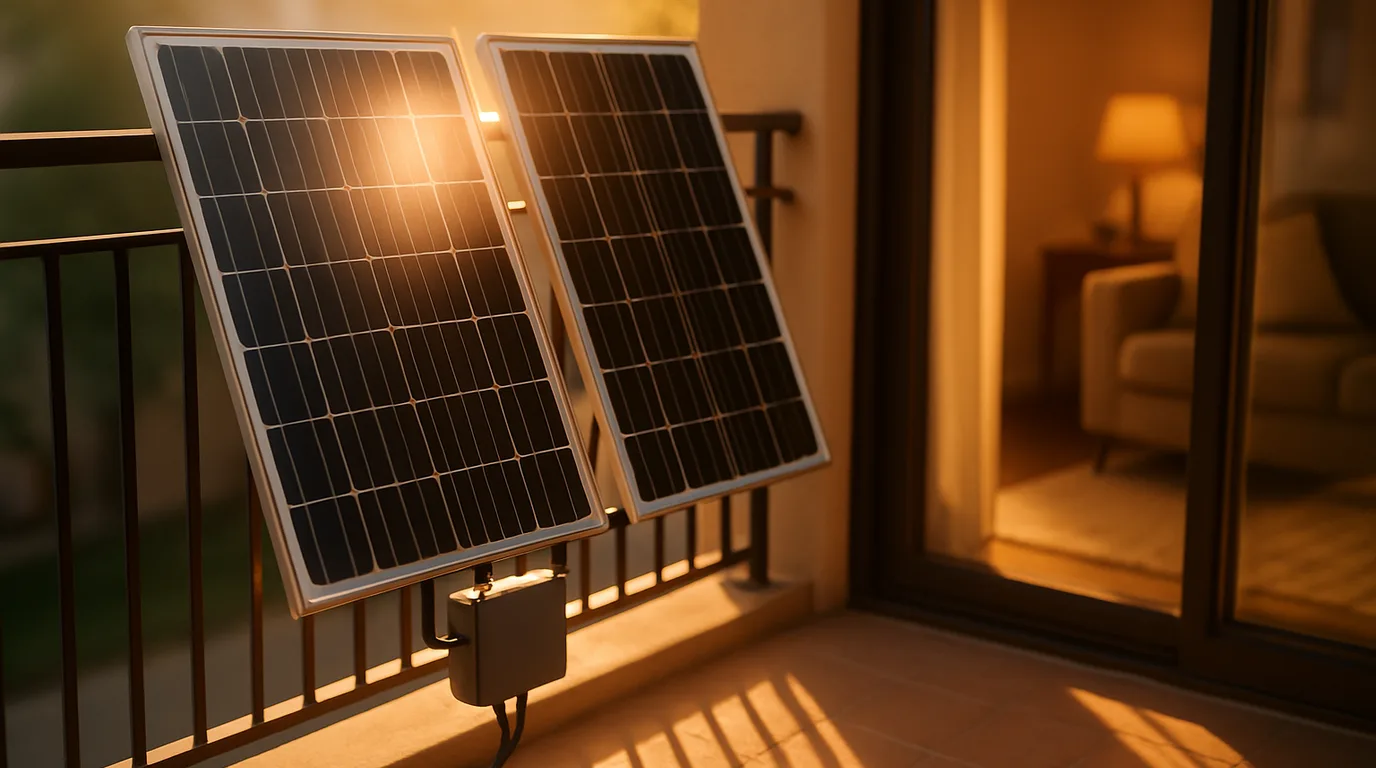 Mikrowechselrichter mit Solarmodulen auf einem Balkon in der Morgensonne